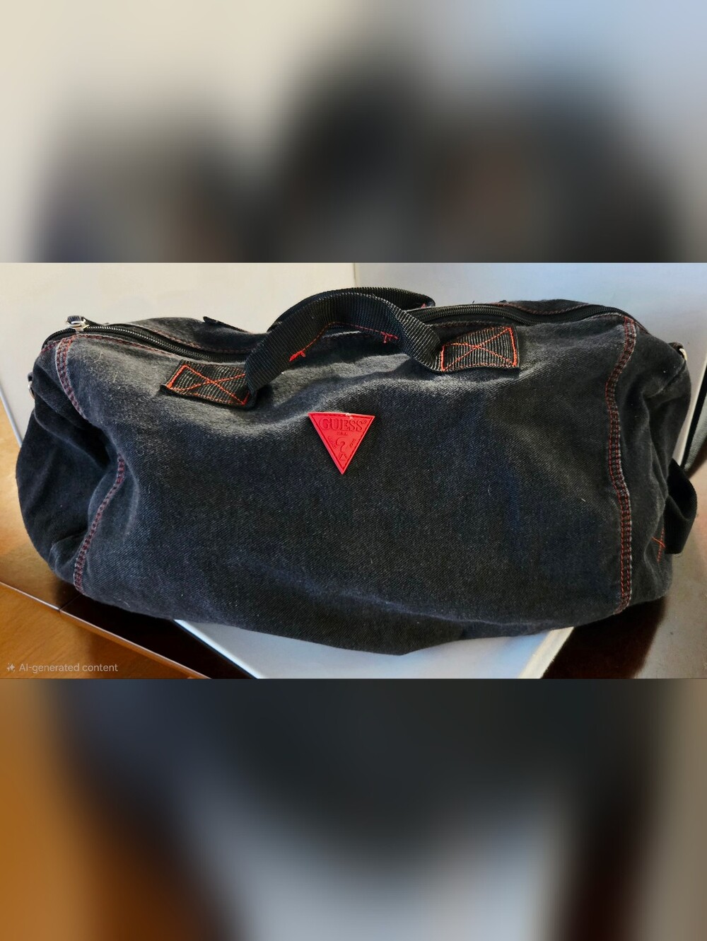 Guess Black Denim Weekend Bag with Red Triangle Logo